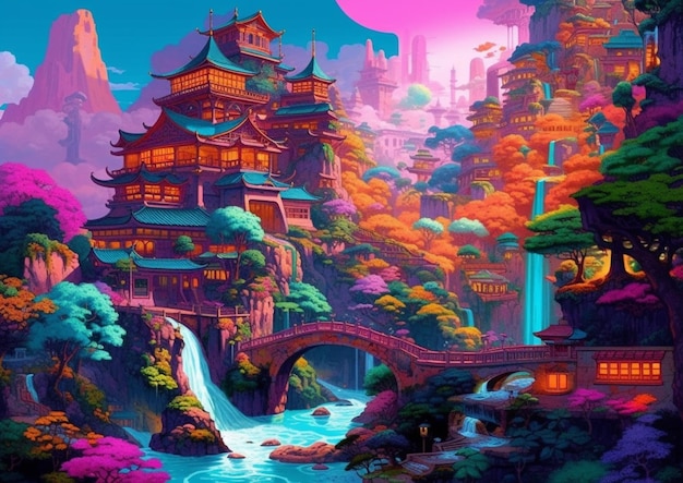 a painting of a waterfall and a pagoda in a mountain landscape generative ai