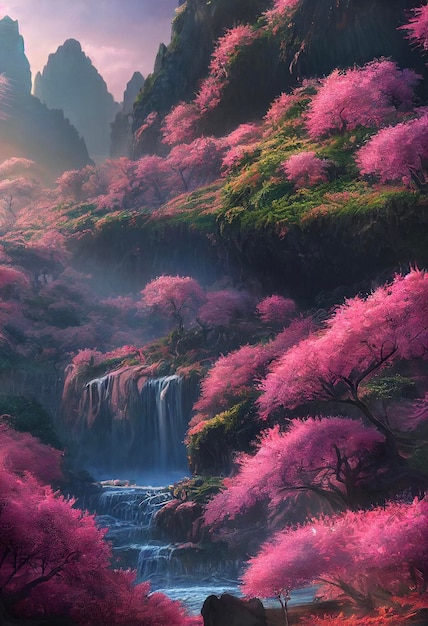 Painting of a waterfall surrounded by pink trees generative ai