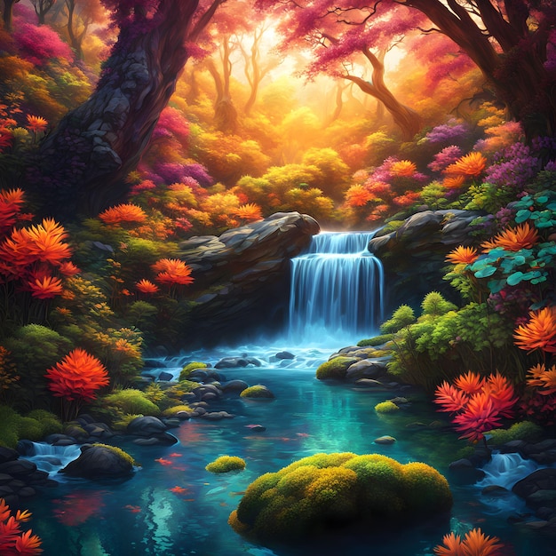 a painting of a waterfall and a waterfall with trees in the background