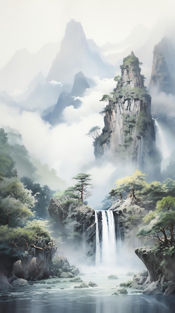 a painting of a waterfall and a waterfall with trees in the background