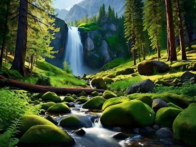 a painting of a waterfall and a waterfall with a waterfall in the background