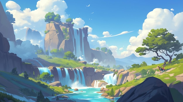 a painting of a waterfall with a bird flying in the sky