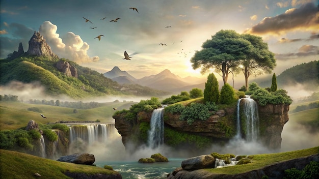 a painting of a waterfall with birds flying around it