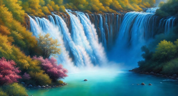 A painting of a waterfall with a blue water and a green forest in the background