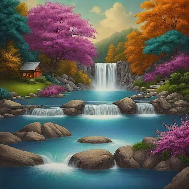 a painting of a waterfall with a cabin in the background