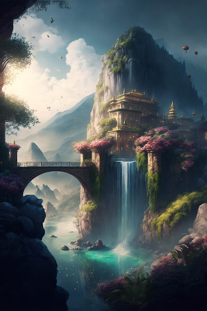 Painting of a waterfall with a castle in the background generative ai