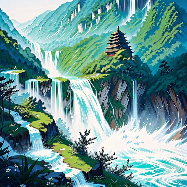 A painting of a waterfall with a chinese style tower in the middle.