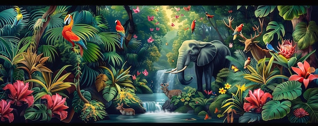 a painting of a waterfall with a elephant and a waterfall in the background