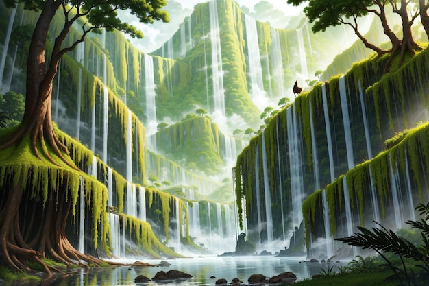 A painting of a waterfall with a green background and a bird on the bottom.