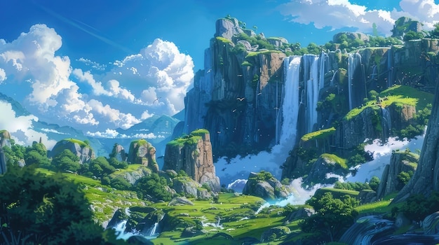 a painting of a waterfall with a green landscape and a blue sky with clouds