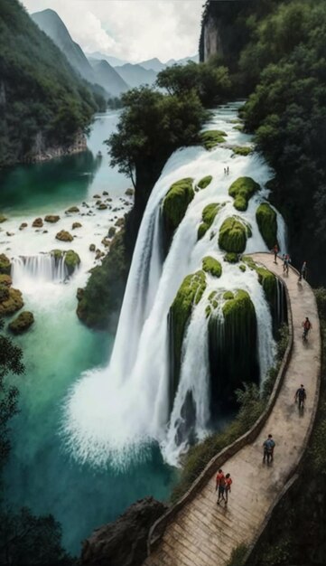 A painting of a waterfall with a green moss on the bottom.