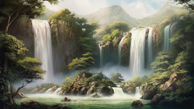 A painting of a waterfall with a green mountain in the background.