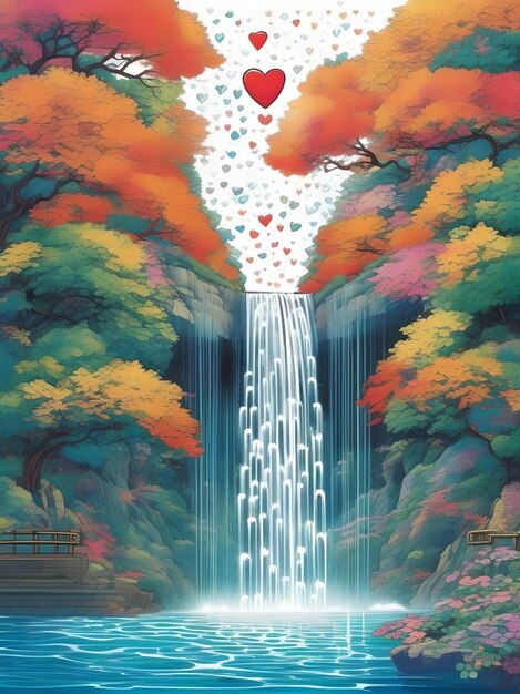 a painting of a waterfall with a heart that says love in the bottom