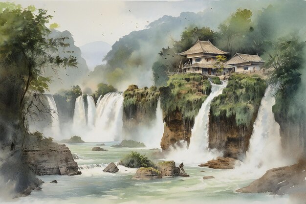 A painting of a waterfall with a house on the left side and a building on the right side.