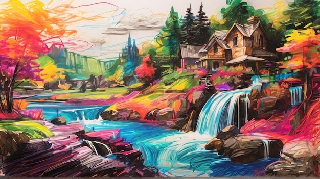 a painting of a waterfall with a house on the side and a house in the background