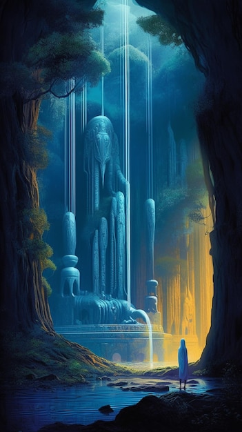 A painting of a waterfall with a large statue in the middle of it.