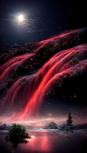 A painting of a waterfall with a moon in the background