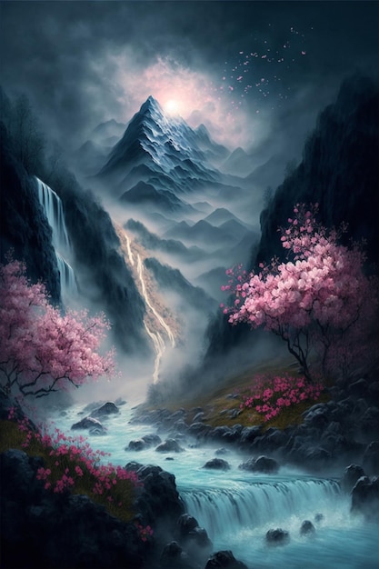 Painting of a waterfall with a mountain in the background generative ai