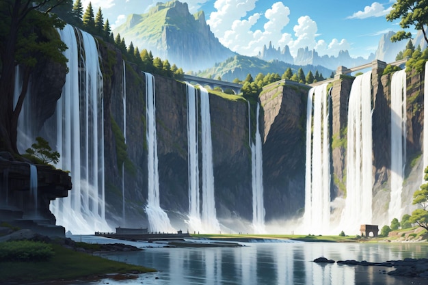 A painting of a waterfall with a mountain in the background.