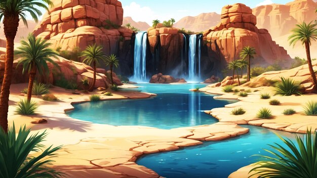 Photo a painting of a waterfall with palm trees and a waterfall