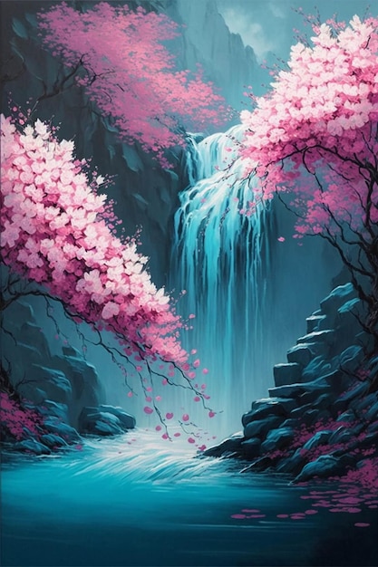 Painting of a waterfall with pink flowers generative ai