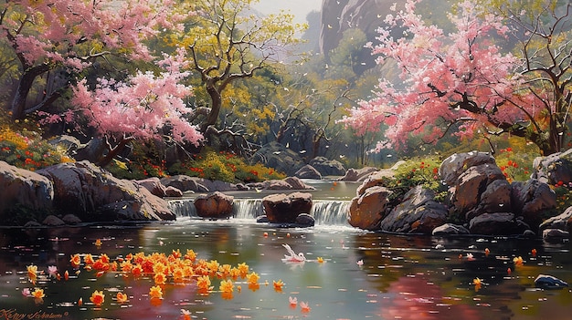 a painting of a waterfall with pink flowers in the water