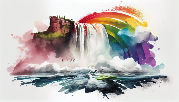 A painting of a waterfall with a rainbow generative AI