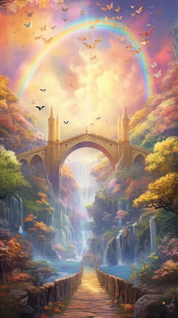 A painting of a waterfall with a rainbow in the sky.