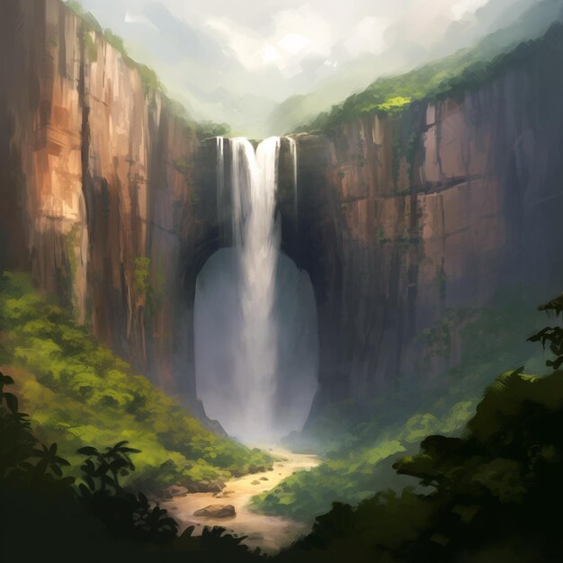 A painting of a waterfall with the sun setting behind it