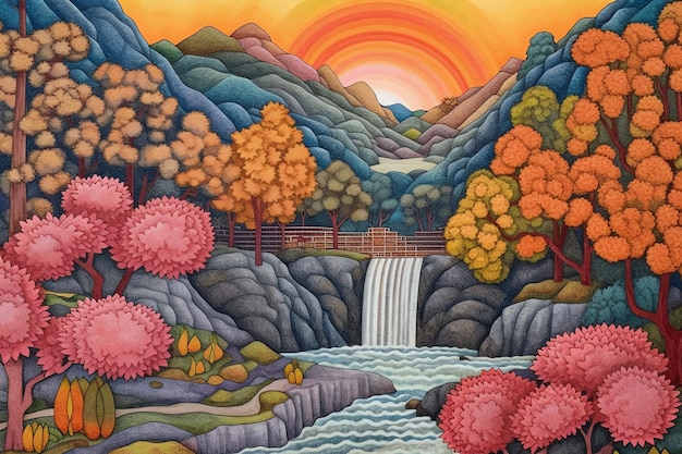 A painting of a waterfall with a sunset in the background.