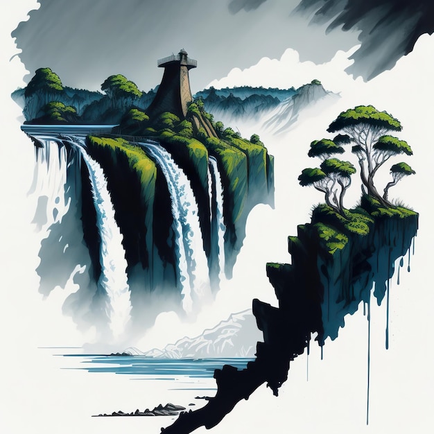 A painting of a waterfall with a tree on the top of it