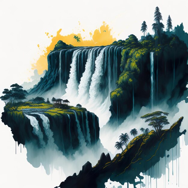 Photo a painting of a waterfall with a tree on the top.