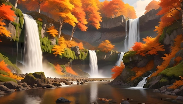 a painting of a waterfall with the trees in the background