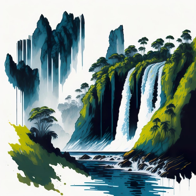 A painting of a waterfall with trees on the bottom and the words " waterfall " on the bottom.