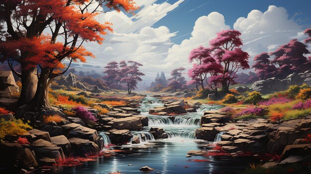 a painting of a waterfall with trees and rocks in the background