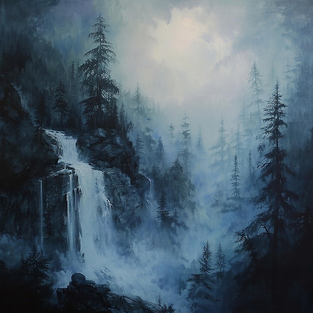 a painting of a waterfall with trees and a waterfall in the background