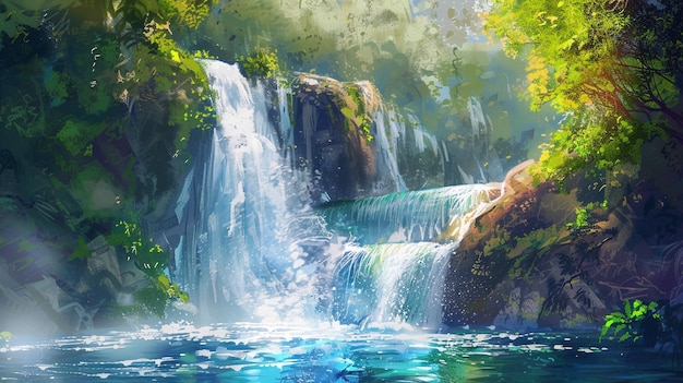 Photo a painting of a waterfall with a waterfall in the background