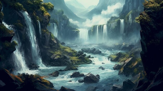 a painting of a waterfall with a waterfall in the background