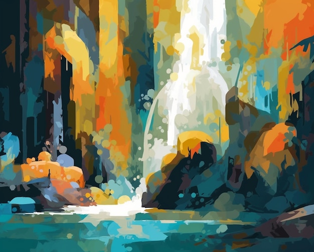 A painting of a waterfall with a waterfall in the background.