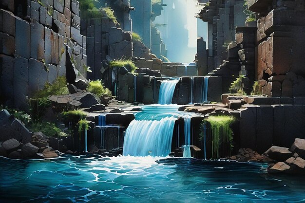 Photo a painting of a waterfall with a waterfall in the background