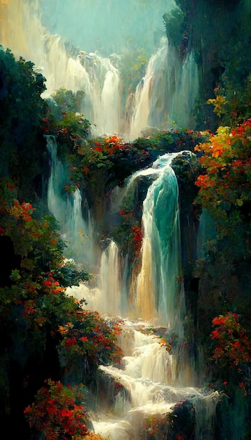 A painting of a waterfall with a waterfall in the background.