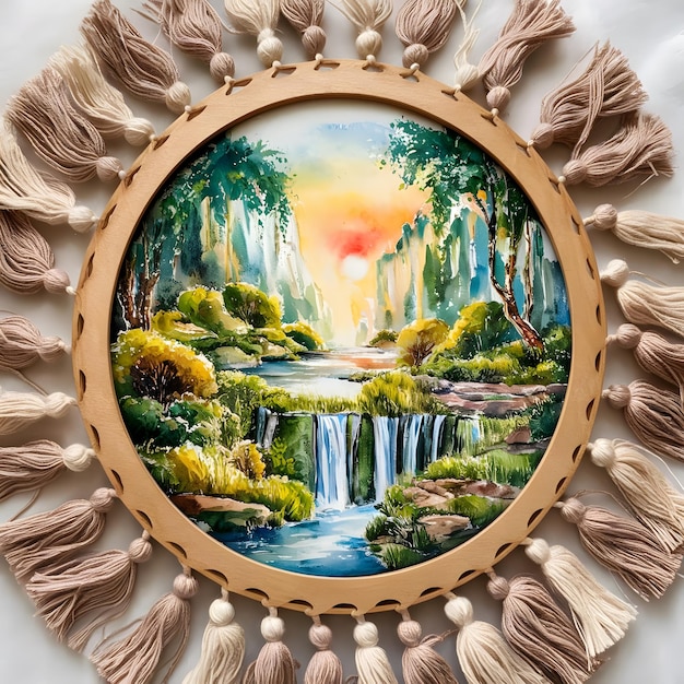 a painting of a waterfall with a waterfall in the background