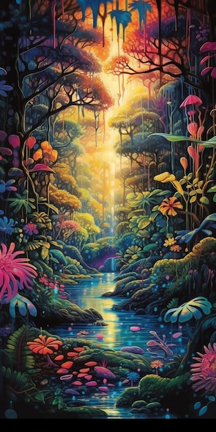 A painting of a waterfall with the word jungle on it.