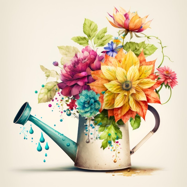 Painting of watering can with flowers in it Generative AI