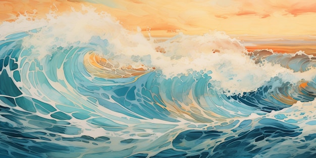 painting of a wave breaking on the beach at sunset generative ai