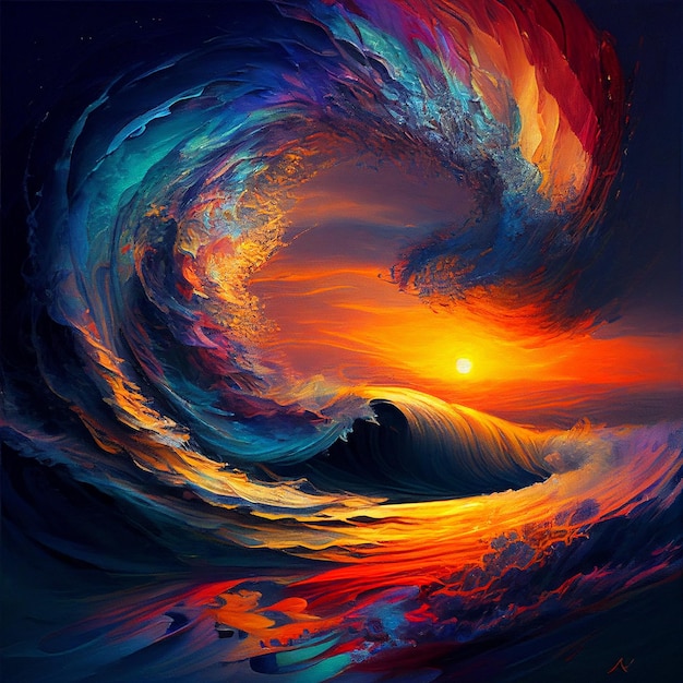 Painting of a wave crashing into the ocean at sunset generative ai