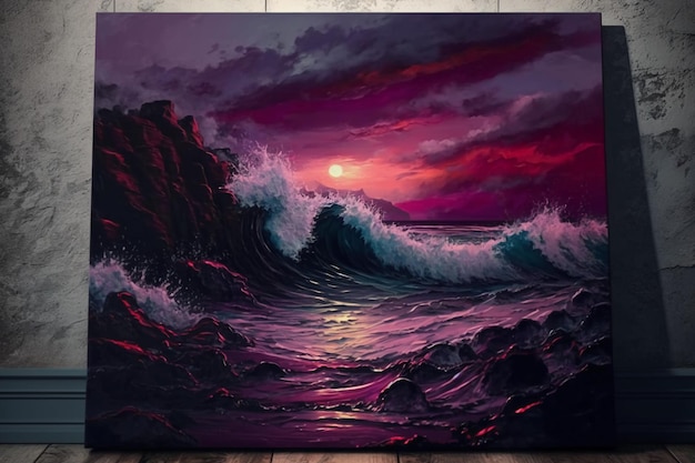 A painting of a wave and the moon