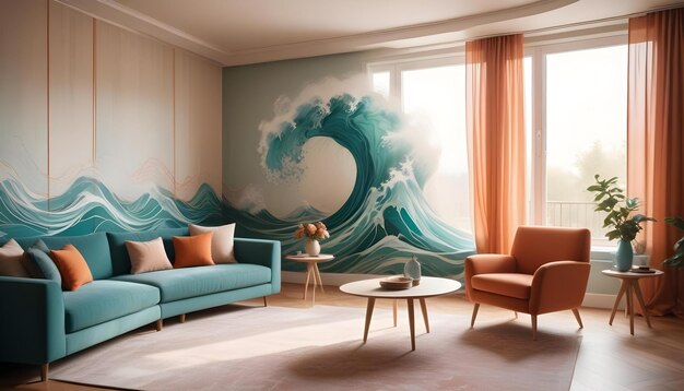 Photo a painting of a wave in a room with a painting of an ocean