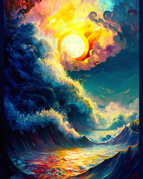 A painting of a wave and the sun with the word ocean on it