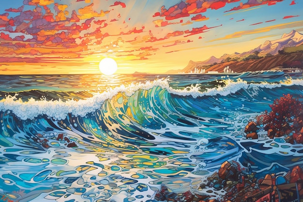 A painting of a wave at sunset